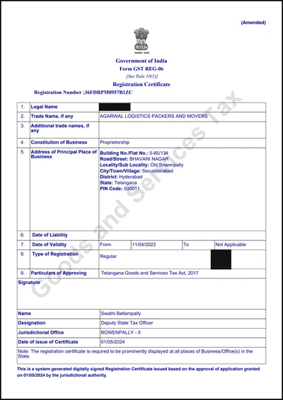 GST Registration Certificate: public first-page copy with personal details and QR code redacted