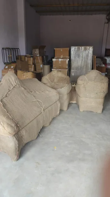 Heavy sofa and household furniture multi-layer wrapped in protective jute hessian cloth at Agarwal ALPM Bangalore warehouse hub
