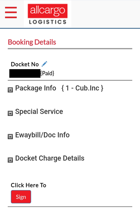 Allcargo Logistics booking-details screenshot with the docket number hidden