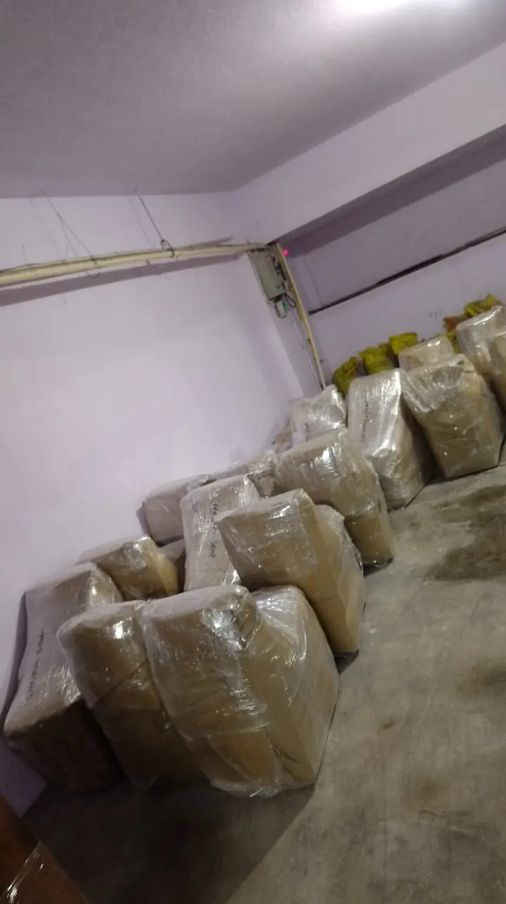 A group of individually wrapped chairs standing indoors.